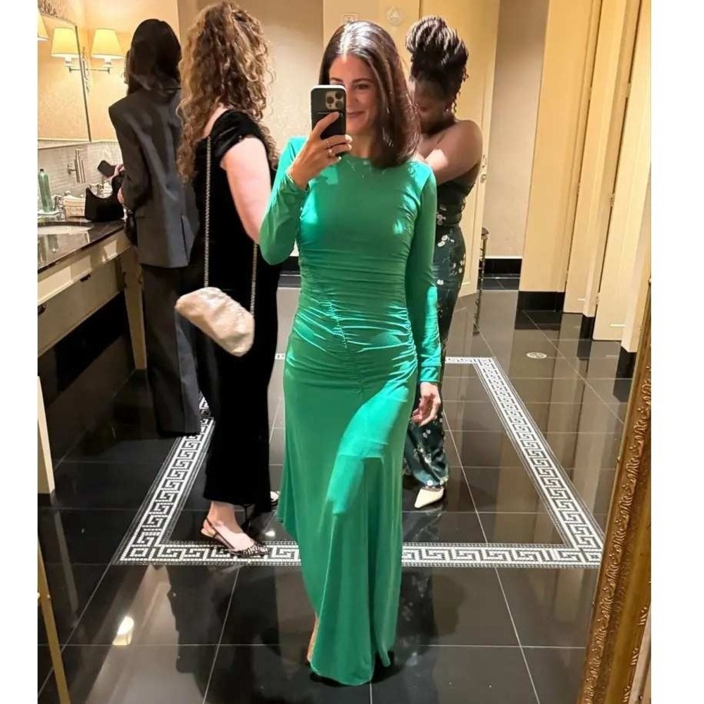 A.L.C. Adeline Maxi Dress Green Ruched Long Sleeve Asymmetrical Women Size S - Picture 4 of 14